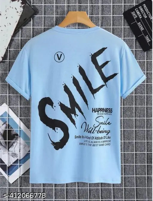 Multicolored polyester half-sleeve T-shirt for men, trending print pattern on front and back, available in sizes M, L, XL