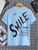 Multicolored polyester half-sleeve T-shirt for men, trending print pattern on front and back, available in sizes M, L, XL