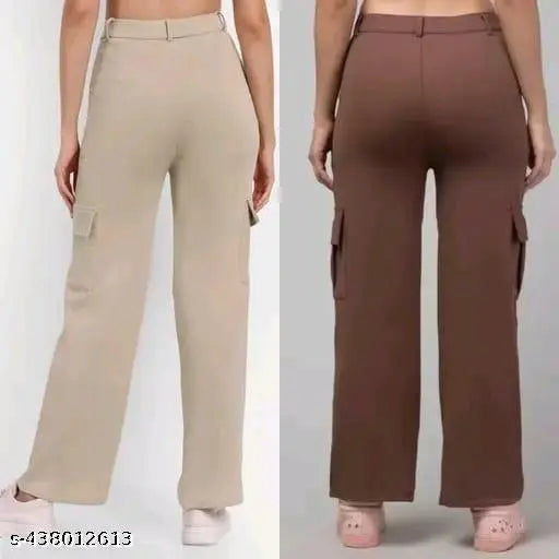 Solid cotton-lycra four pocket cargo pants for girls & women, perfect for formal and casual wear, featuring belt loops and a fly. Made in India
