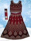 Stylish velvet kids' maroon lehenga choli set with net dupatta, embroidered for special occasions, 5-12 years sizes available