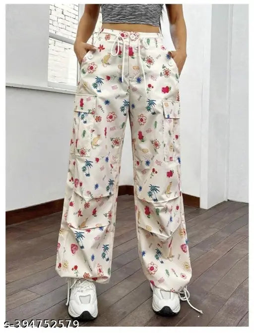 Trendy women's formal dhoti with pocket pant, printed net design, Lycra fabric, cream color, Indian origin