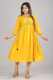 Yellow Rayon Kurtis, solid combo, three-quarter sleeves, women's fashion from India