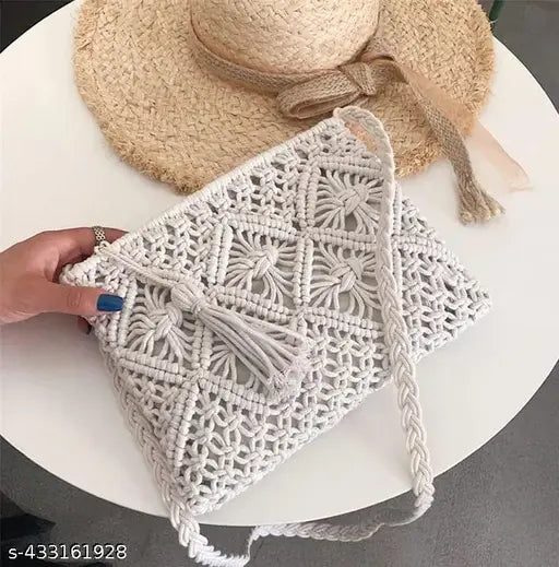 Natural cotton macrame crossbody sling bag, attractive design, zipper. Handmade, eco-friendly accessory from India