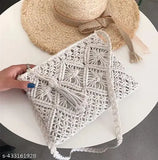 Natural cotton macrame crossbody sling bag, attractive design, zipper. Handmade, eco-friendly accessory from India