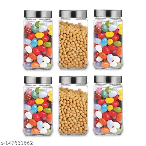 Transparent glass storage jars, set of 6 for flour, cereal, masala, dry fruits, ideal for kitchen pantry and modular kitchens. Airtight, see-through cap for freshness. Glass containers by SKWAION Piramal
