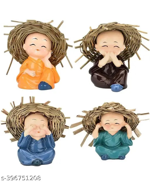 Trading Polyresin Monk Hat Buddha Idols Set of 4 - Indian art form for car dashboard accessories and home decor