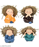 Trading Polyresin Monk Hat Buddha Idols Set of 4 - Indian art form for car dashboard accessories and home decor