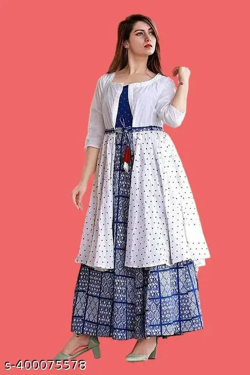Royal blue printed anarkali kurti with white jacket, rayon fabric, three-quarter sleeves