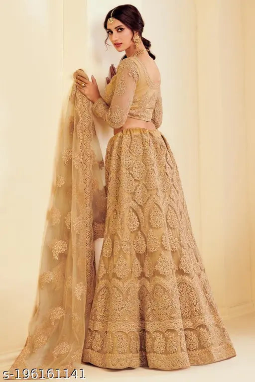 Gold-toned Patlani Chain Cording Lehenga Choli & Zari work semi-stitched, embellished net fabric Indian bridal wear" (90 characters)
