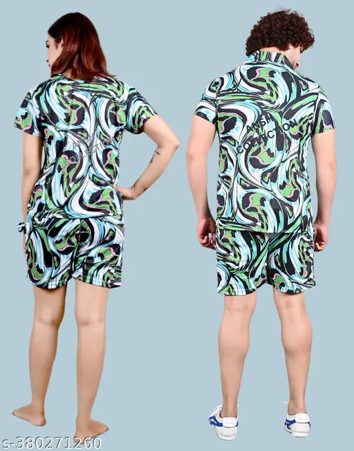 Green abstract cotton lycra coord set for men and women, stylish nightsuit combo with free scrunches by ANSH COLLECTION