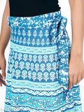 Blue cotton printed wrap-around high-rise A-line skirt for women, perfect for casual and semi-formal events. Soft, breathable fabric ensures comfort. Available sizes: 28 (28in/39in), 30 (30in/39in), 32 (32in/39in), 34 (34in/39in), 36 (36in/39in), 38 (38in/39in), 40 (40in/39in), Free Size (42in/39in). Origin: India