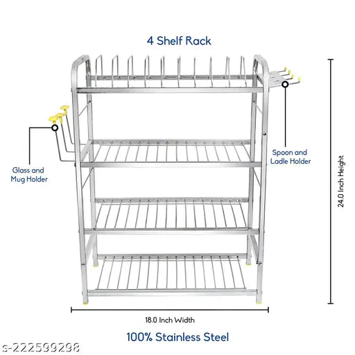 Stainless steel 4-shelf kitchen dish rack - modern organizer for plates, cutlery & utensils (24x18 inch)