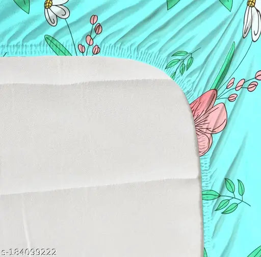 Premium cotton elastic queen size fitted bedsheets with 2 pillow covers, double bed in floral pattern on mattress