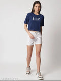 Navy blue graphic print crop t-shirt, pure cotton blend with short sleeves and round neck. Women's cropped top with printed design, made in India