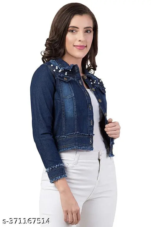 Stylish girls denim jacket, solid navy blue long sleeves, size 12-13 years, Indian denim apparel