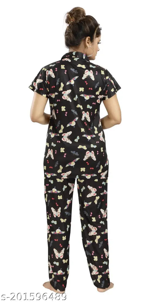 Satin printed nightsuit for women, designer style with elastic waist and side pockets, made in India