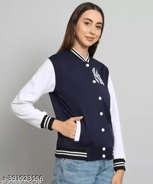 Fleece colorblocked bomber jacket for women, trendy and long-sleeved, size M-XL (origin: India)