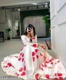 White silk Anarkali gown with floral print, long sleeves, and matching dupatta. Indian-made soft silk wedding gown on hanger