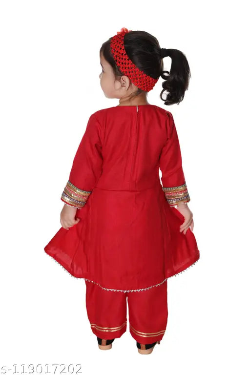 Stylish Art Silk Anarkali Kurta with Pyjamas for girls, embellished top with three-quarter sleeves and no dupatta, sizes: 0-1 years (top length: 17 in, bottom length: 16 in), 1-2 years (top length: 19 in, bottom length: 18 in), available in India