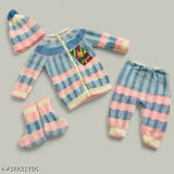 Multicolor checked pattern acrylic fabric high neck top & bottom set for kids | Indian winter wear