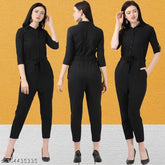Black poly crepe women's & girls jumpsuit, solid design, three-quarter sleeves. Perfect for everyday or formal occasions, India origin." (124 characters)