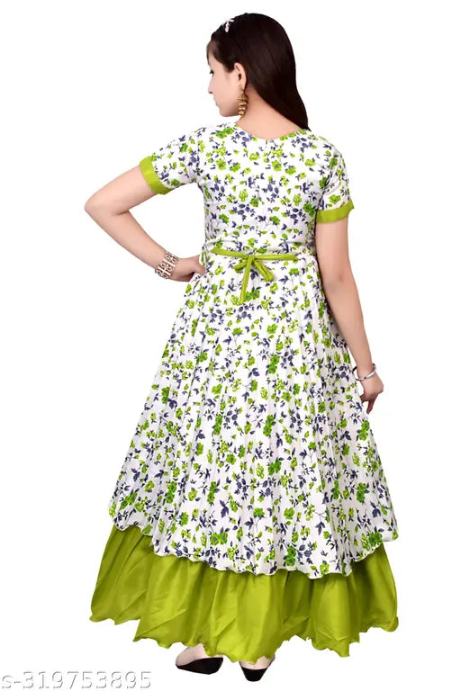 Green cotton blend casual/western wear gown dress for girls, short sleeves, printed pattern, versatile for summer events