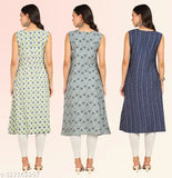 Women's ethnic wear printed round kurti combo pack of 3 (S: bust 36in, length 43in / M: bust 38in, length 43in / L: bust 40in, length 43in / XL: bust 42in, length 43in / XXL: bust 44in, length 43in), sleeveless American crepe Anarkali style kurtas for traditional, casual, party, evening, formal wear