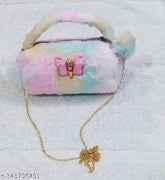 Embellished net mini fur sling bag, golden chain accessory for baby girls and kids, versatile storage for essentials