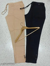 Khaki and Black Women's Cotton Trouser Combo, Solid Pattern, 2-Pocket Design, Soft & Comfortable, Indian Origin