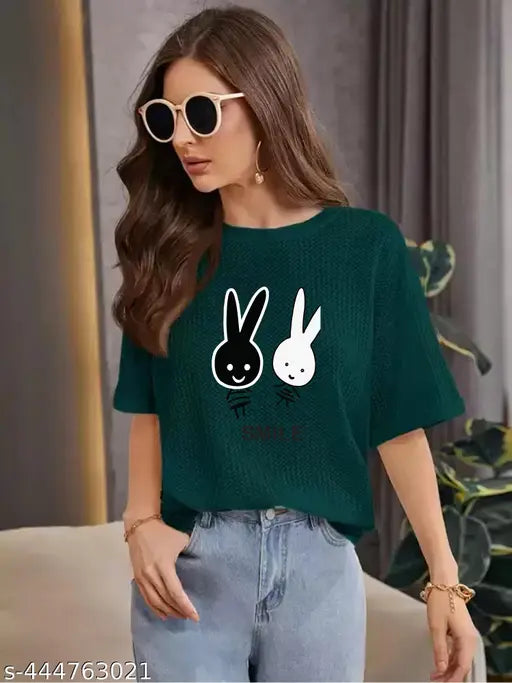 Green cotton blend oversize graphic print women's top with short sleeves, features printed net design