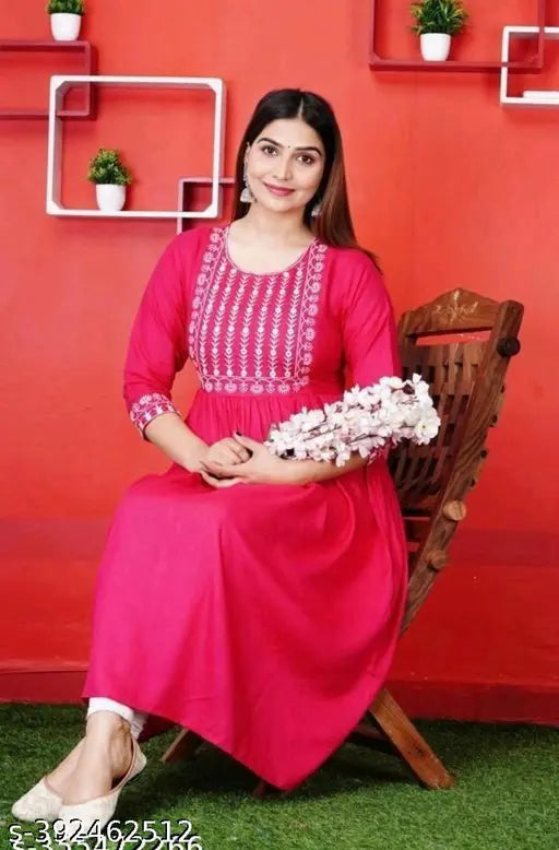 Pink viscose rayon anarkali dress, solid pattern, three-quarter sleeves, women's fashion from India