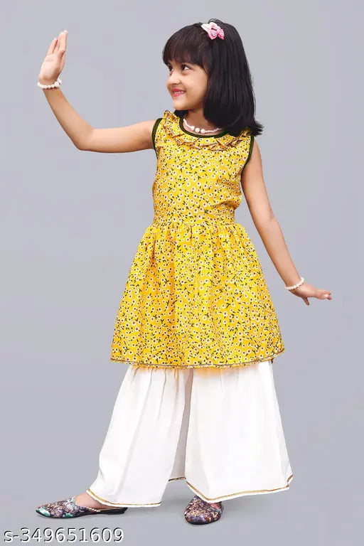 Yellow Queenpin Festive Collection Palazzo Kurta Set for Girl, printed crepe fabric, sleeveless anarkali top and dhoti pants, festive attire for 12-18 months to 7-8 years old, Indian traditional clothing