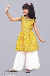 Yellow festive collection Palazzo Kurta set for girls, featuring crepe material anarkali top and dhoti pants. Available in sizes from 12-18 months to 7-8 years