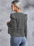 Polyester houndstooth print open front jacket with long sleeves, casual wear for women