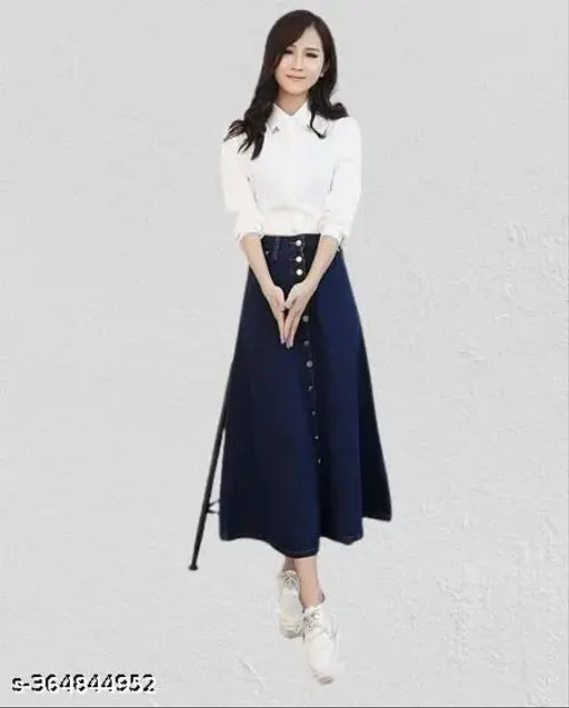Navy blue denim maxi skirt with side pockets and belt loop. Breathable, lightweight, and durable for women's fashion