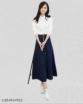 Navy Blue Denim A-Line Maxi Skirt, lightweight and breathable for women, trendy design with side and back pockets, home washable, fits all body types, midi skirt, size options available from 26 to 46 inches waist