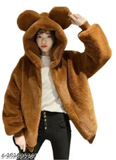 Brown wool hoodie for girls, solid pattern, stylish winter cat design, size 13-14 or free size