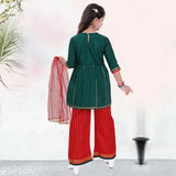 Polycotton girls' kurta pant & dupatta set, three-quarter sleeves, India-made quality poly silk with lace detailing