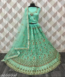 Sea green embroidered net Lehenga-Choli set with dupatta, perfect for occasions and gifting. Free size, high-quality fabric