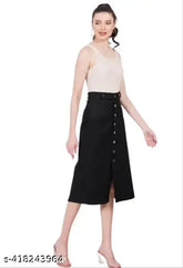 Black denim girls skirt, solid pattern with standard sizing for waist, length, and hips (30in/30in/30in)