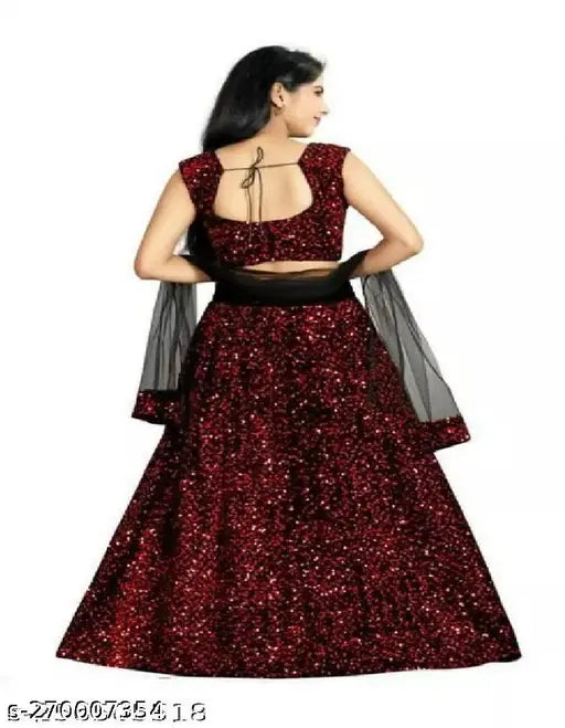 Red velvet baby choli with embroidered lehenga and net dupatta, semi-stitched, suitable for 9-10 years