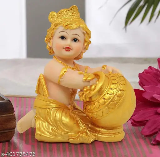 Gold-plated resin Krishna idol statue for home decor, pooja room, bedroom, office gifting - 11cmL x 14cmH x 6.5cmB, India origin