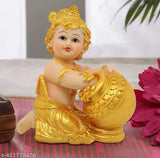 Gold-plated resin Krishna idol statue for home decor, pooja room, bedroom, office gifting - 11cmL x 14cmH x 6.5cmB, India origin