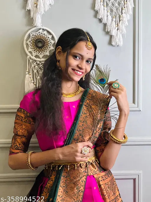 Art Silk half saree, Litchi Silk zari work Choli and Dupatta with woven design, semi-stitched South Indian style from India