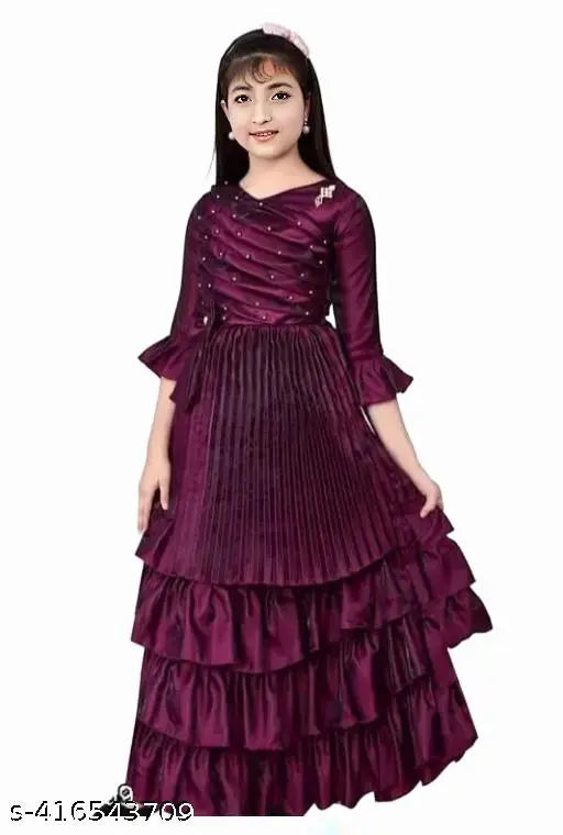 Purple silk ethnic grown dress, three-quarter sleeves, suitable for 4-11 years old events