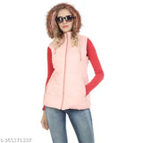Pink nylon sleeveless half-puffer jacket for women, ideal winter wear. Made in India" (124 characters)