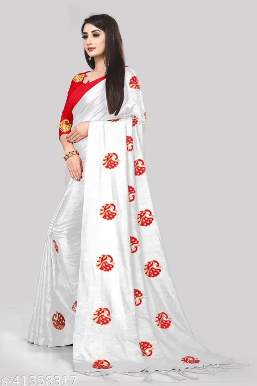 White Vichitra silk embroidered saree with semi-stitched blouse, intricate design for partywear or special occasions