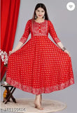 Rayon printed anarkali kurti for women, three-quarter sleeves, vibrant pattern, Aayush Associates product on hanger