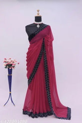Cherry georgette saree for party wear, heavy Bollywood style, free size, lace fabric