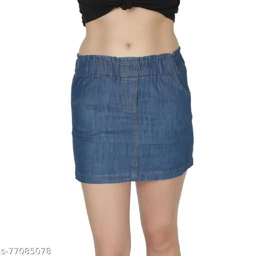 Medium blue denim mini skirt, solid pattern, elasticated waist, comfortable denim skort with slit back and pockets, perfect for casual wear, size 28/30/hip 38/40, made in India